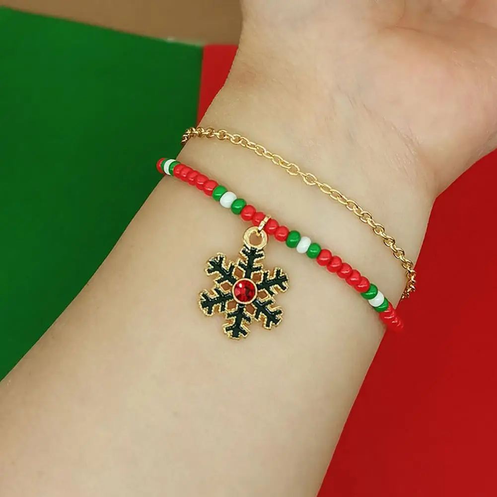 2 Pcs Christmas Bracelet for Women, Dual Layered Bracelet Set, Adjustable Stackable Beaded Charm Bracelet for Holiday Party