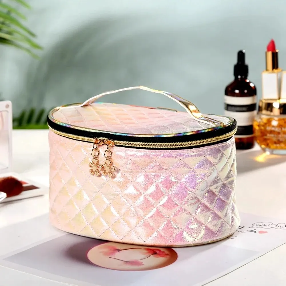 Leather Argyle Women Cosmetic Bag with Mirror Multifunction Travel Toiletry Storage Organize Portable Handbag Makeup Case