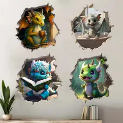 Dragon Parent and Child Reading in Wall Hole Decal - Mouse Hole Wall Sticker, Bedroom Entryway Living Room Porch Home Decoration