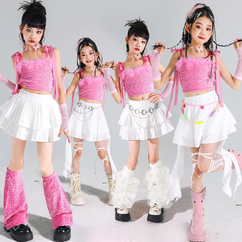 

Kpop джазовый танцевальный сценический наряд, розовая майка с блестками, белая юбка-тортик, детский костюм для подиумов, костюм для выступлений, одежда для девочек 2114