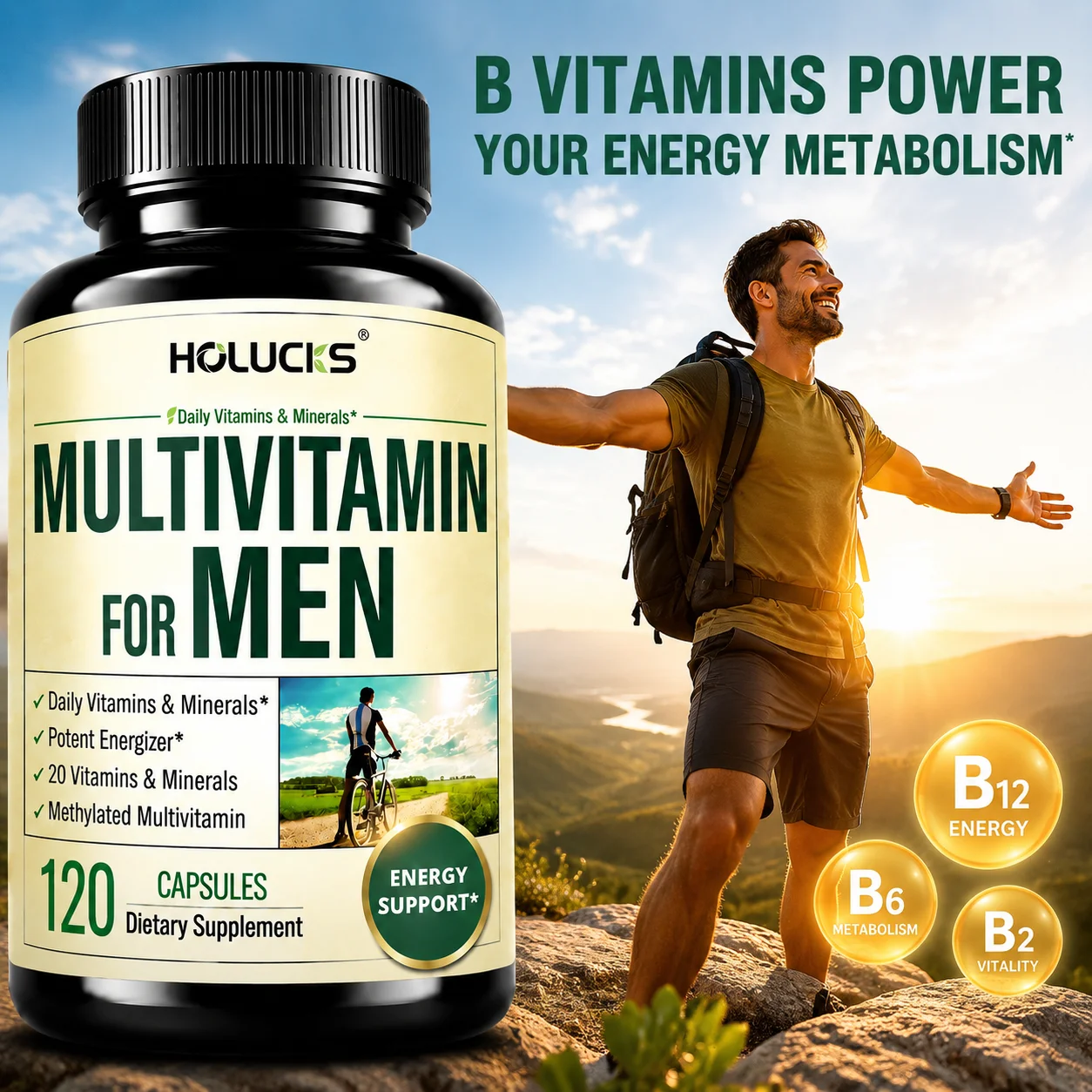 Multivitamin for Men, Methylated B Vitamins, D3, for Focus Energy Support, Daily Mens Multivitamins and Multiminerals