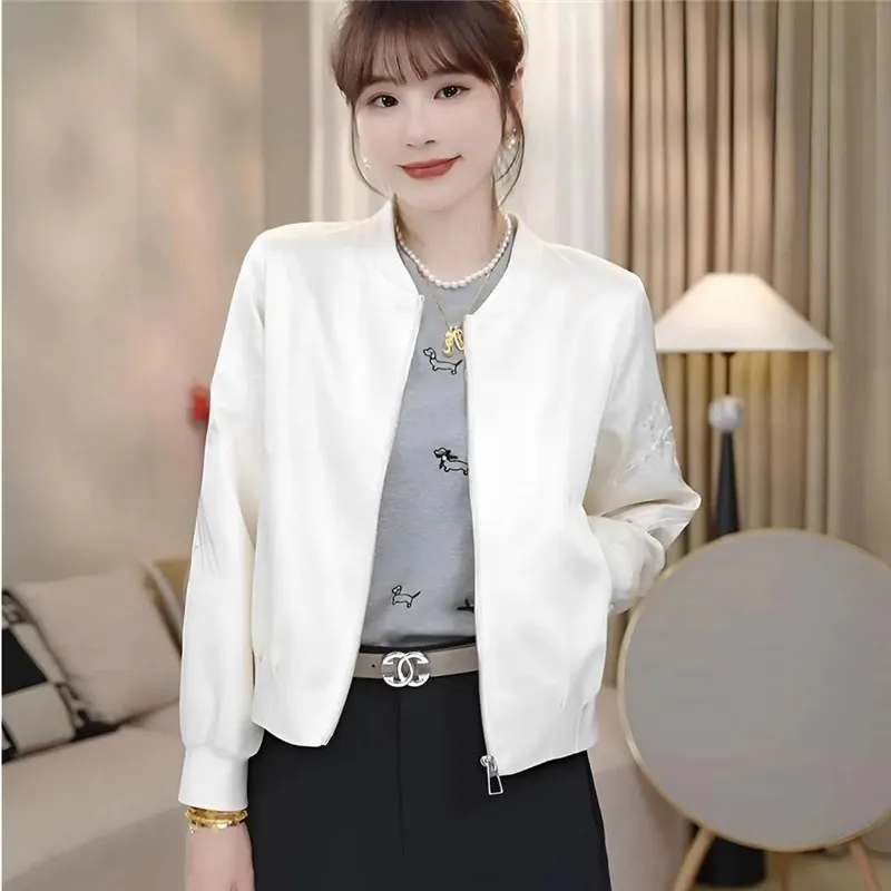 Shimmering Satin Women's 2026 Spring Autumn New Coat Korean Baseball Uniform Temperament Female Embroidered Overwear