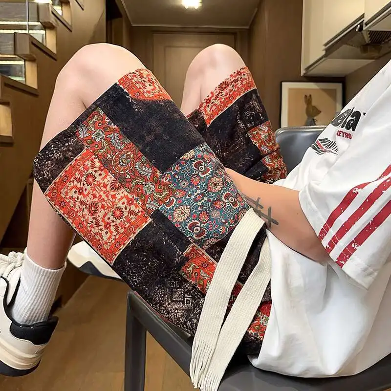 

Summer Vintage Shorts Men Retro Printed Shorts Men Streetwear Hip-hop Loose Flower Shorts Mens Beach Shorts Large Size 4XL