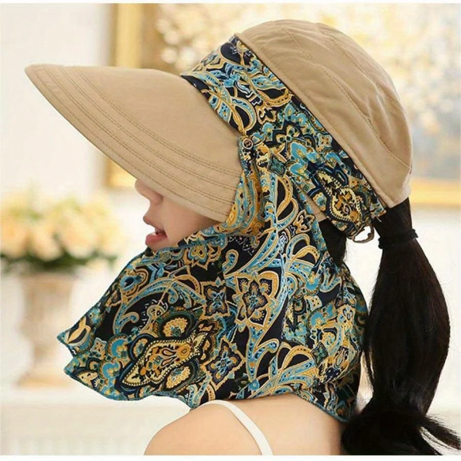 

Women Anti-UV Sun Hat Beach Foldable Sunscreen Floral Print Caps Neck Face Care Wide Brim Hat New Summer Outdoor Riding Wide