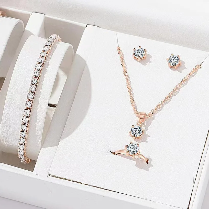 5 قطع مجموعة مجوهرات كريستال أنيقة زركونيا خاتم قلادة سوار أقراط مجموعة بسيطة مجوهرات الأزياء والمجوهرات العصرية تنوعا