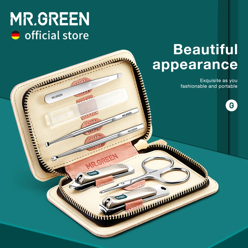 MR.GREEN Manicure Set Personal Care Sets Nail Clippers Tools Stainless Steel Professional Nail Scissors PU Case Kit 7in1 Women