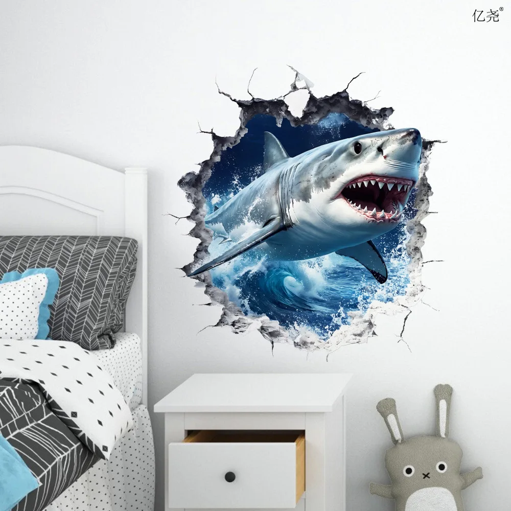 Great White Shark Breaking Hole Wall Stickers Children Boys Room Shark Sticker Corridor Wall Decoration Self Adhesive Stickers