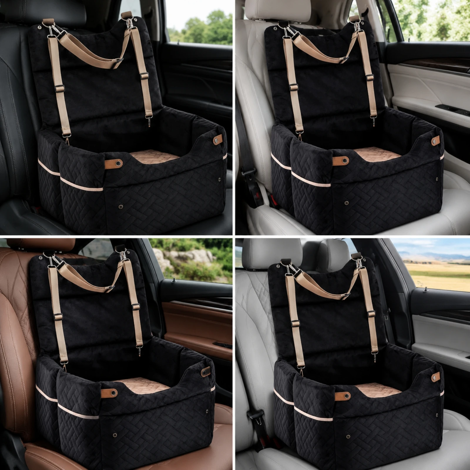 Dog Car Seat with Safety Tether Adjustable Straps Pet Car Seat with Reversible Cushion Dog Travel Bed Washable Soft for Dogs