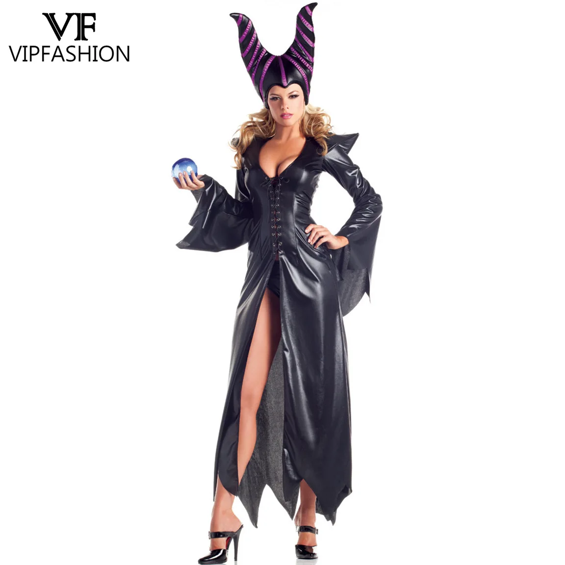 

VIP FASHION Halloween Witch Cosplay Costume Flare Sleeved Queen Dress with Horns Hat Leather PU Party Dress Performance Outfit