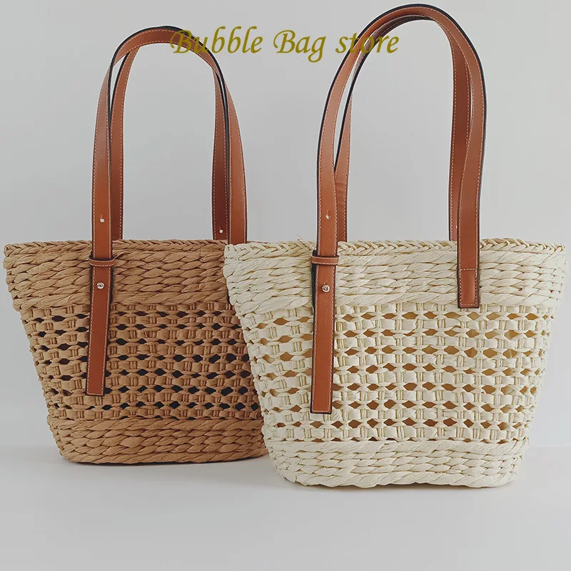 Straw Bag Women's 2024 New Hollow Hand-woven Bag Literary Style Shoulder Portable Seaside Vacation Beach Bag