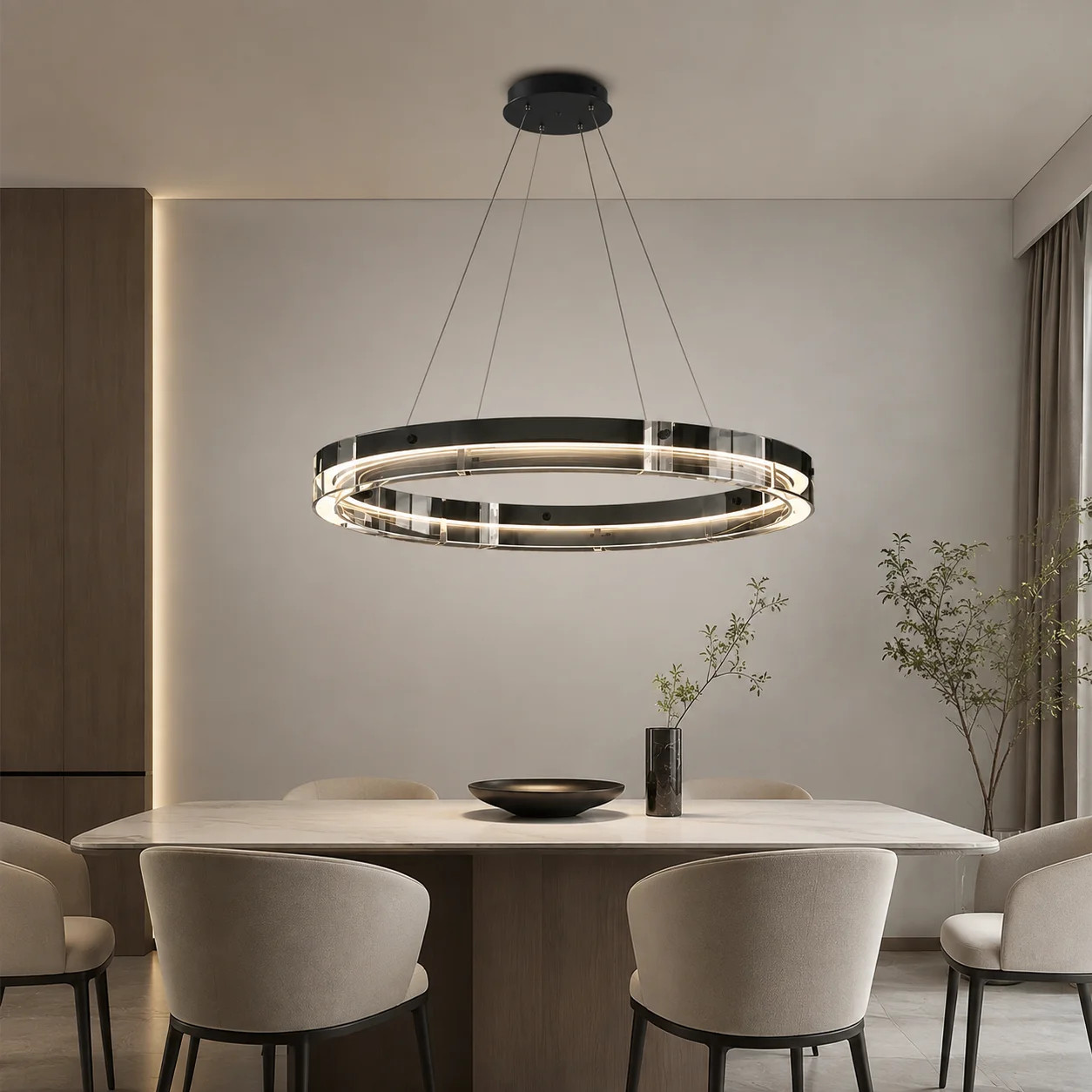 Modern Ring LED Chandelier 80cm Diameter Metal & Glass Pendant Light 3 Color Temp for Living Room Dining Room
