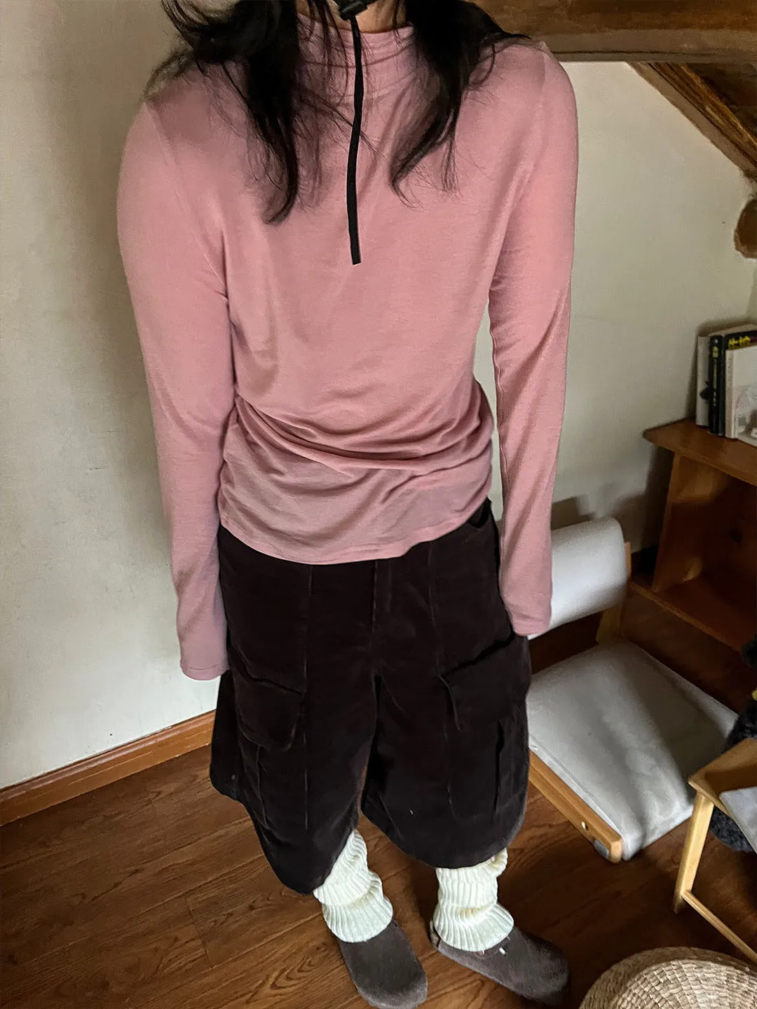 

Pink Silk Wool Thin Base irt Women's High Collar Elastic Slimming Inner Wear Top Casual Sle Long Sve Regular Length