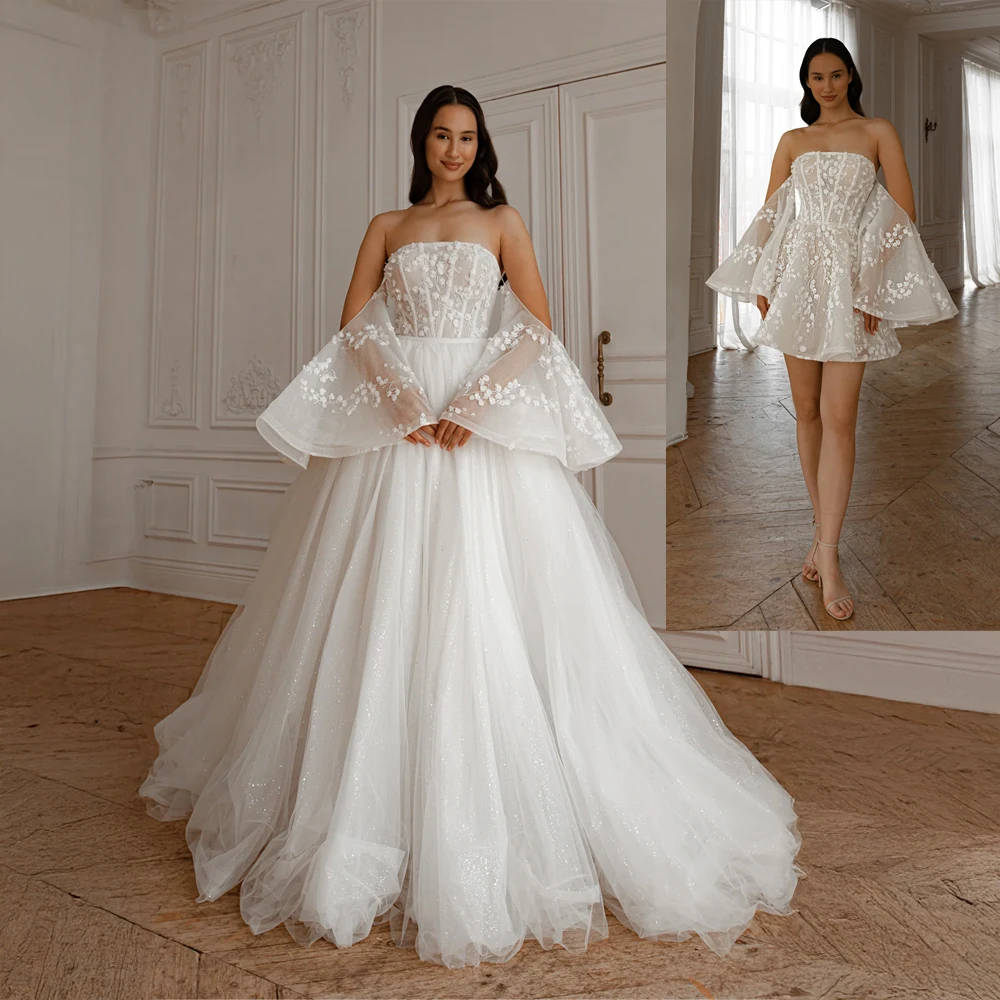Customized Two Pieces Wedding Dress Butterfly Sleeves Lace and Dazzling Glitter Bridal Gowns Abiti Da Sera