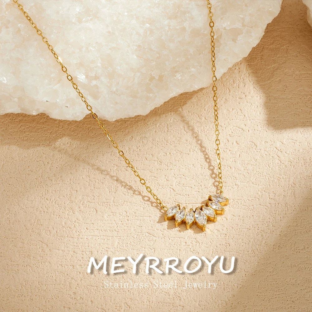 MEYRROYU 316L Stainless Steel Zircon Leaf Crystal V-Shaped Pendant Necklace Dainty Elegant Classic Women Neck Chain Jewelry Gift