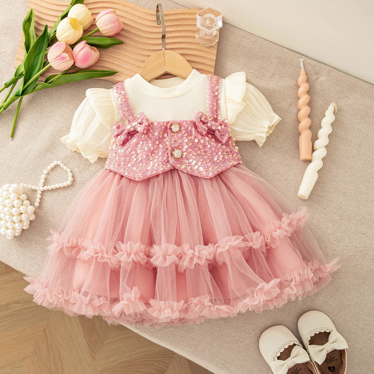 Sequin Bow Fake Two Baby Girl Dresses Summer New Birthday Party Children'S Clothes (9 Months -4 Years Old)