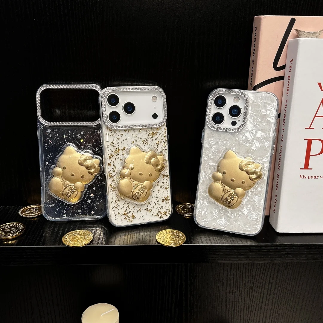 

Luxury Cartoon Fortune Cat Hello Kitty Gilding Shining Phone Case For iPhone17 16 15 14 13 12 Pro Max Plus Shockproof Soft Cover