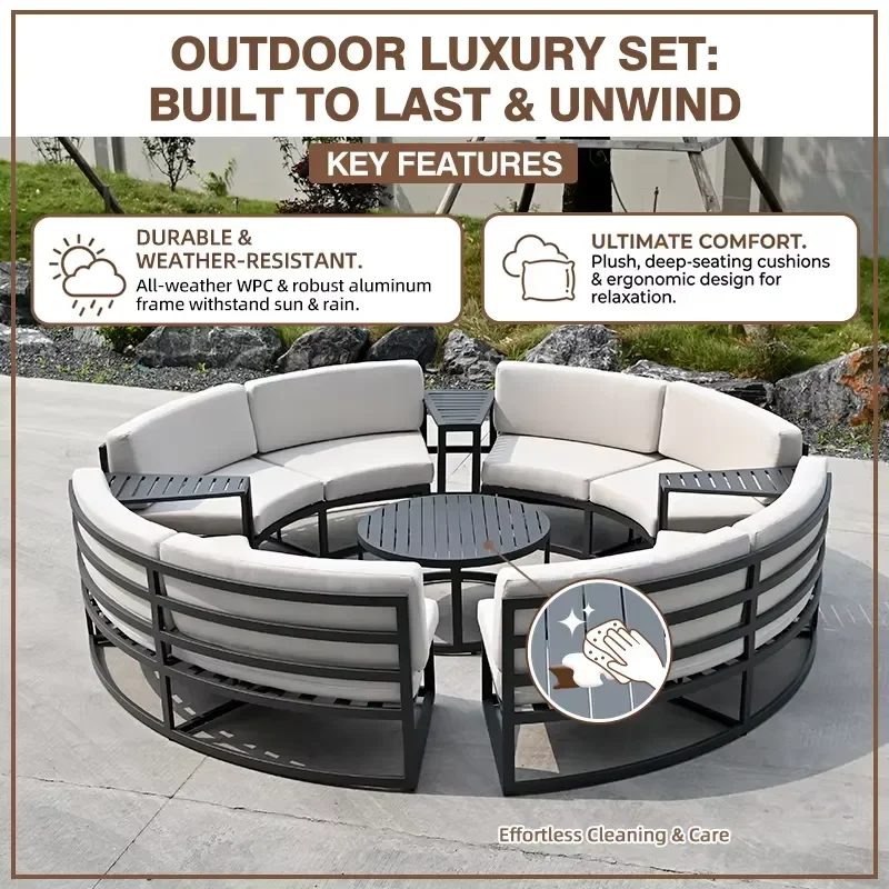 Aluminum Outdoor Sectional Modular Patio Furniture Terrace Balcony Backyard Seating Group Garden Round Sofa Table Set