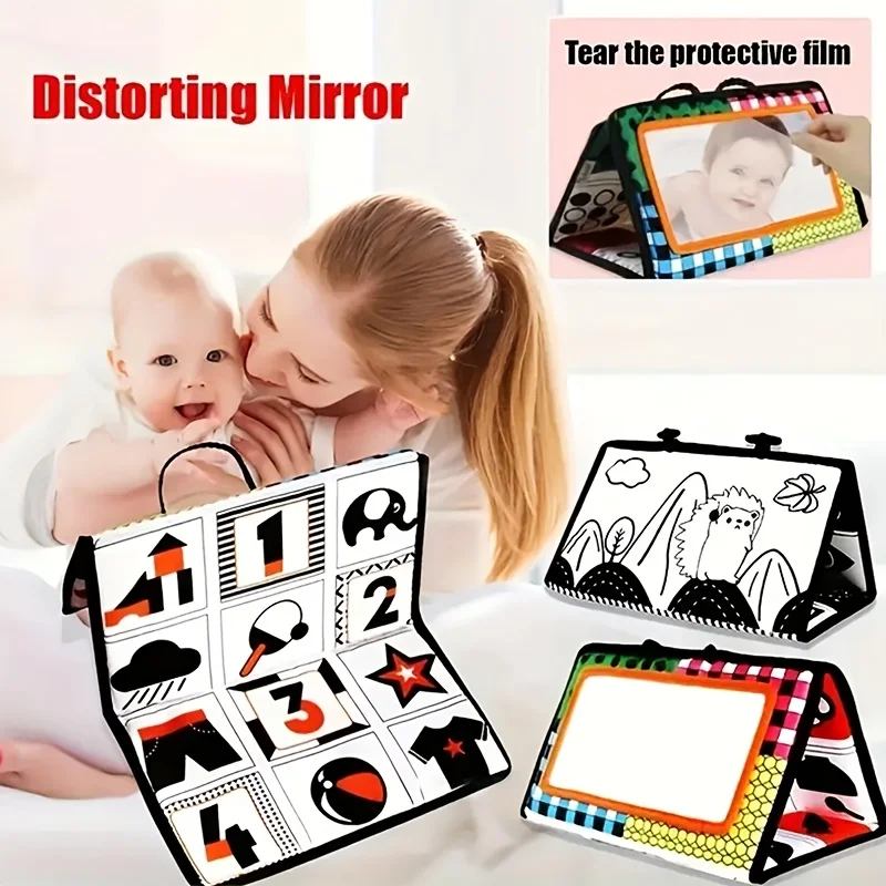 لعبة مرآة عالية التباين قابلة للطي بأشكال ملونة، حيوانات، كتاب ألغاز الفاكهة للشباب للتدريب الحسي باللونين الأبيض والأسود