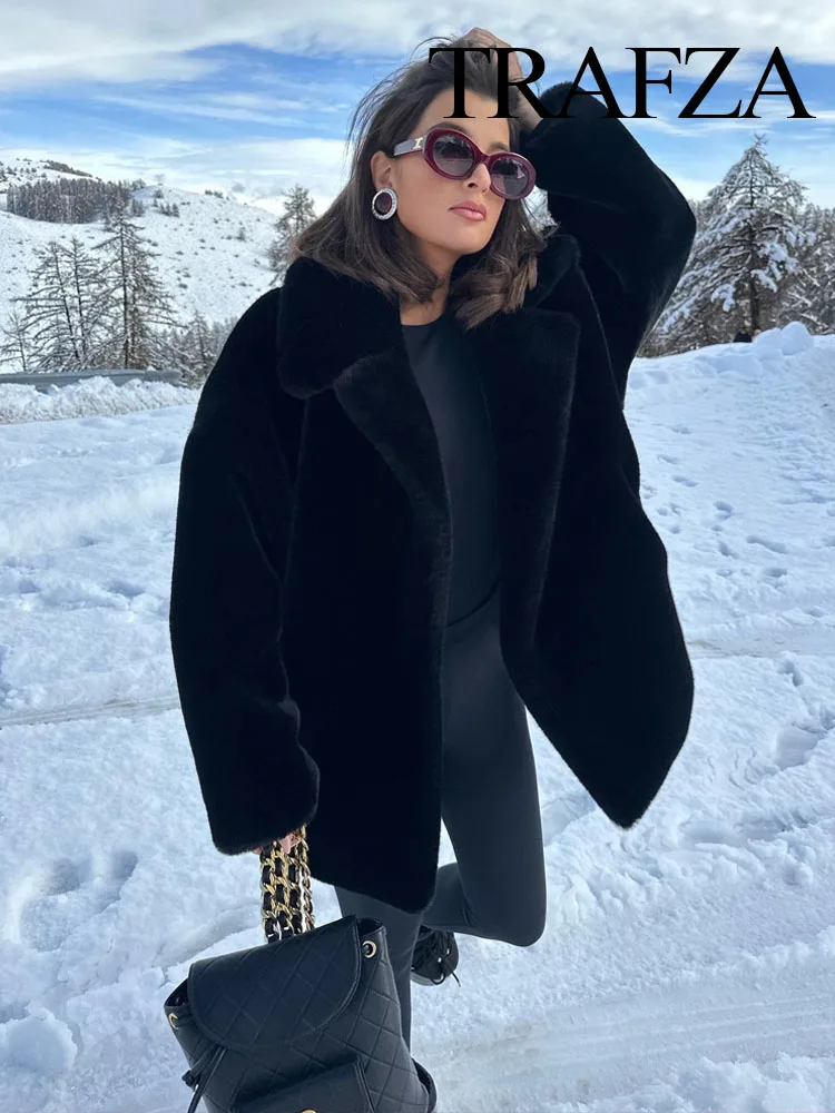 TRAFZA Women Long Sleeve Lapel Faux Fur Coat Chic Solid Loose Vintage Outerwear Winter Female New Fashion Warm Jacket Streetwear