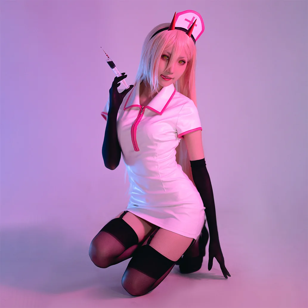 Sexy Adult Anime Chainsaw Man Makima Nurse Uniform Costume Dress Women Party Dress Suit White Sheepskin Pu Skirt