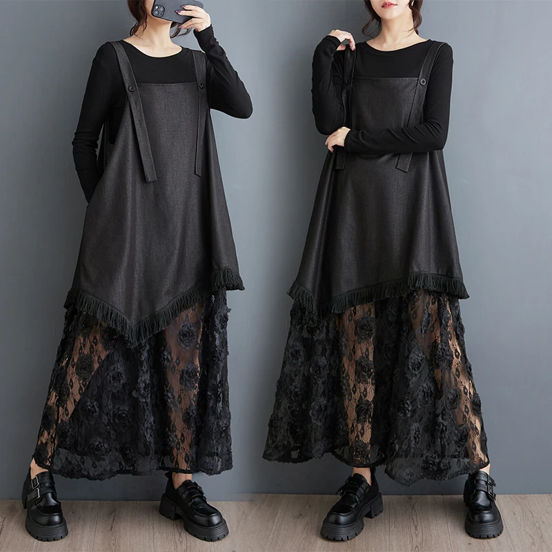 Autumn 2025 Hong Kong Sle Heavy Work 3D Flower Lace Patchwork Long Svel Dr Loose A-Line Skirt Ele Ladylike Print