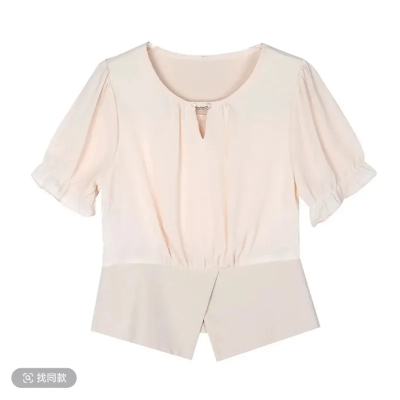French Solid Color Waisted Temperament Versatile Short Shirt New Style Fashionable and Elegant Versatile Chiffon Shirt