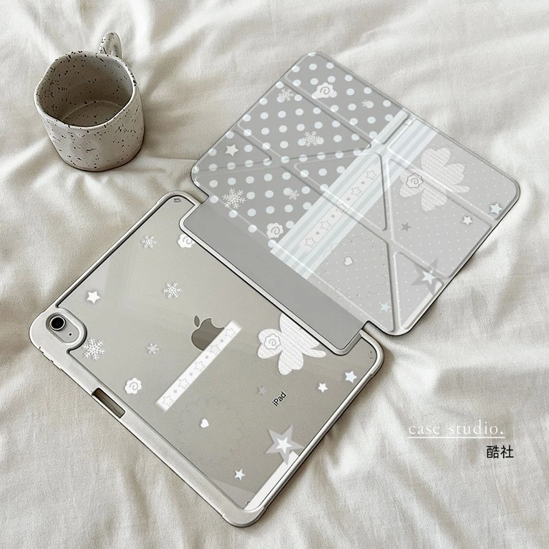 Simple Cute Grey Polka Dot Star Y-Fold Tablet Case For iPad Pro 11 12.9 13 A16 M2 M4 M3 M5 5/6/7/8/9/10/11th Mini Air 3 4 Cover