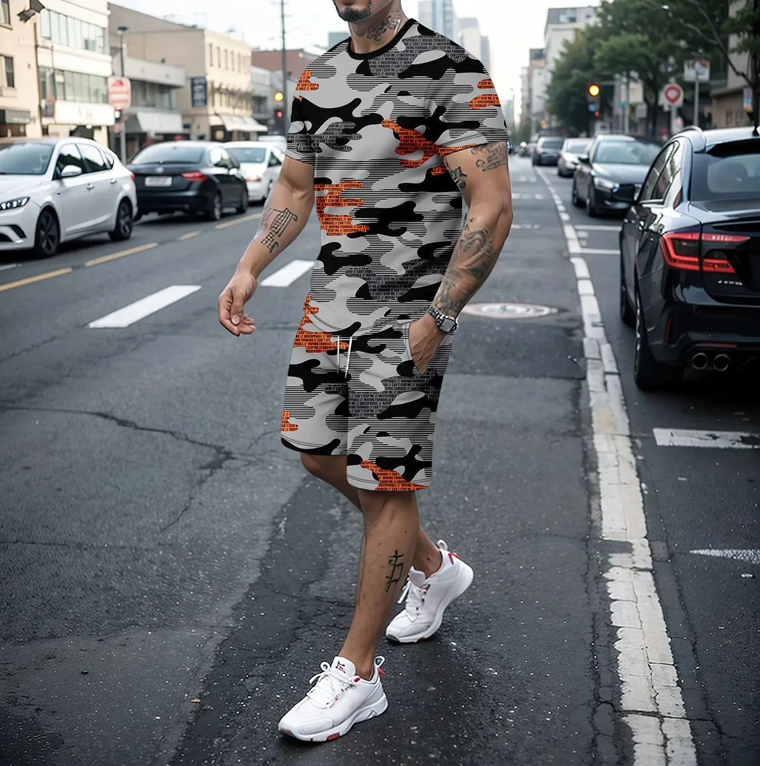 2024 New summer men\'s two-piece 3D short sleeved shorts set men\'s running casual camouflage outdoor travel set men\'s clothing