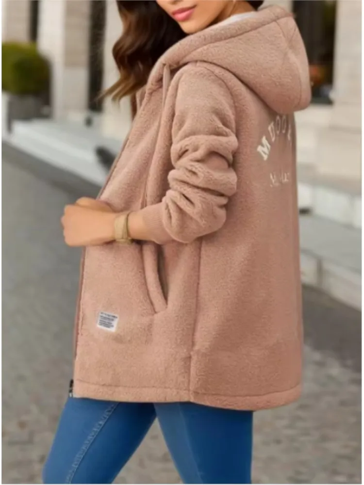 

Autumn Winter Thickened Fleece-lined Medium-length Jacket For Women Fashion Hooded Long Sleeve Cardigan Top Coat Womens Clothing