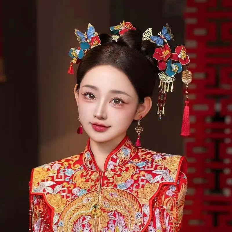 Classical Chinese Style Bridal Wedding Hanfu Dress Red Flower Blue Butterfly Latern Hairpin Set Head Accessories