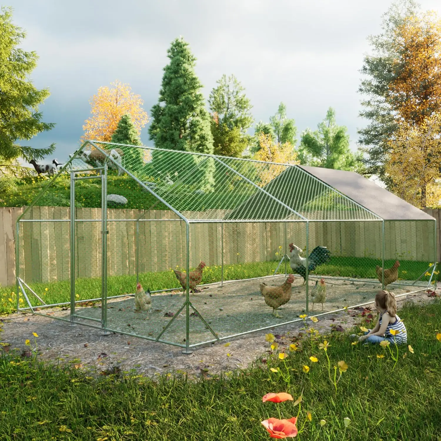 

10x20ft Metal Chicken Coop Walk-in Run UV Cover Galvanized Frame PVC Mesh Outdoor Pen Chickens Ducks Rabbits Secure, Customized