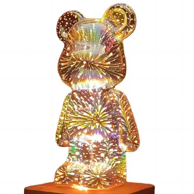 Desktop Decorative Light Living Room Bedroom Rgb Small Night Light Atmosphere Lamp Decor Creative Gift 3D Glass Fireworks Bear