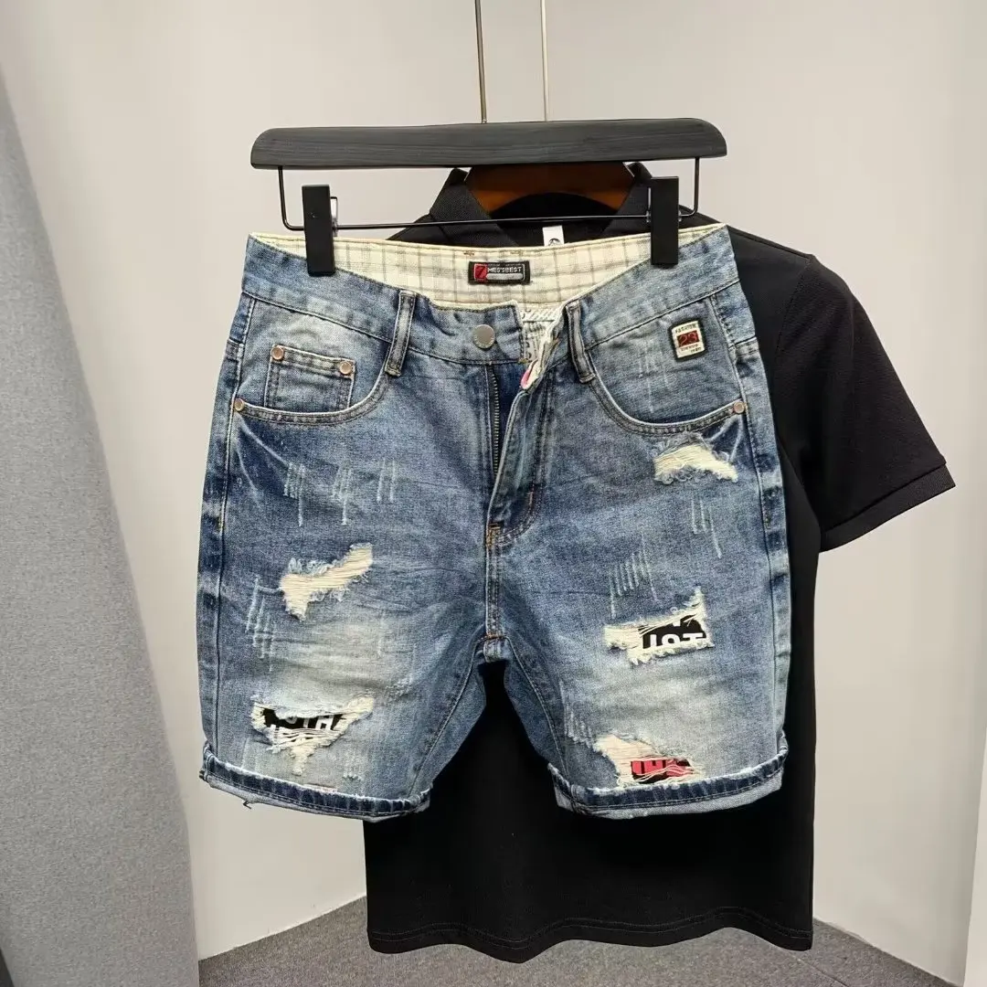 Summer New Fashion Men's Thin Hole Patched Washed Light Blue Knee Length Jeans Shorts Casual Trendy Skinny Denim Shorts Male