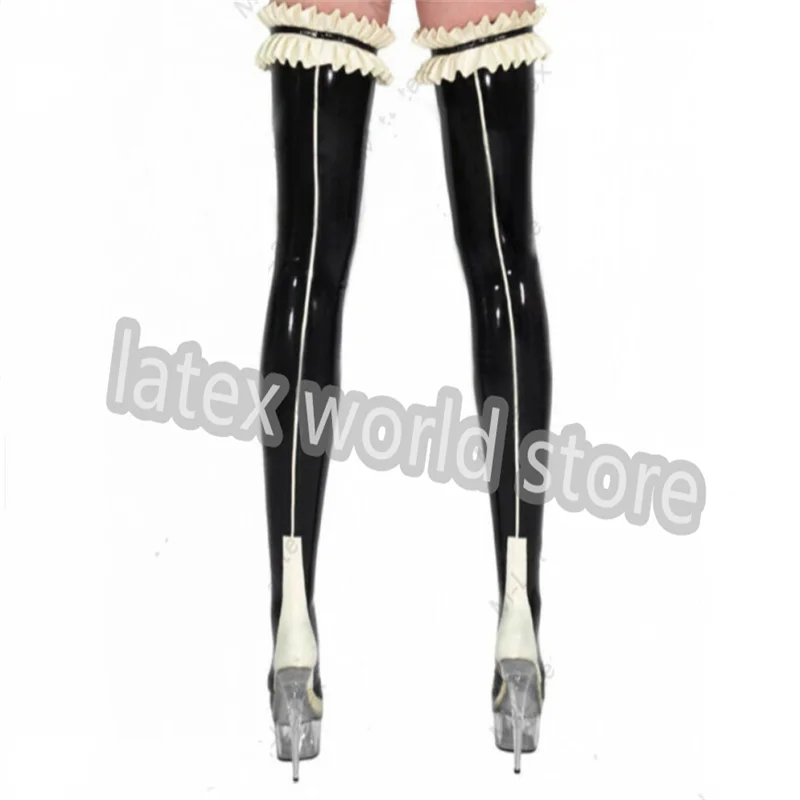 

Латексные чулки ручной работы, черные с белым, сексуальное фетиш-белье, длинные резиновые чулки до бедра, костюмы для косплея