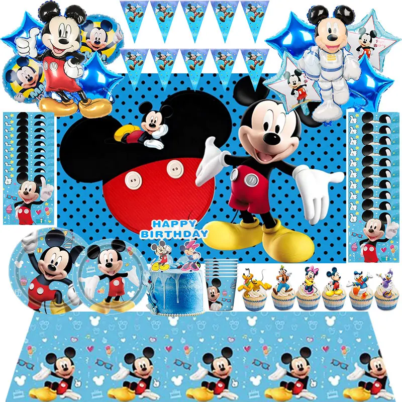 Décoration de fête d'anniversaire Mickey, vaisselle sur le thème de Mickey Mouse, ensemble de gobelets, assiettes, ballons, toile de fond, sac cadeau, fournitures pour fête d'enfants