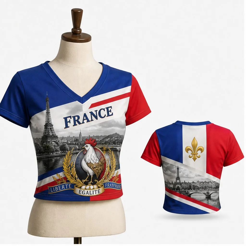 Womens V Neck Crop T Shirt France Eiffel Rooster Crest Graphic Short Sleeve Paris Street Casual Summer Slim Top Fashion Tee Wear