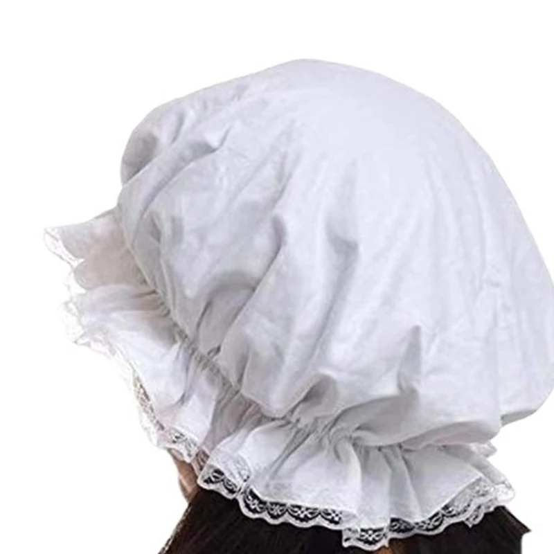 Women Breathable Satin Lace Bonnet Lady White Elastic Brim Maid Hat for Stage Role Playing and Halloween Costume Cosplay Props