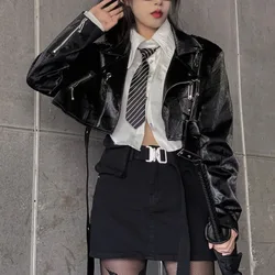 Gothic Embroidery Women's Leather Jacket Quality Belt Ultra Short Biker Jackets 2024 Spring Autumn New Outerwears Zipper PU Coat