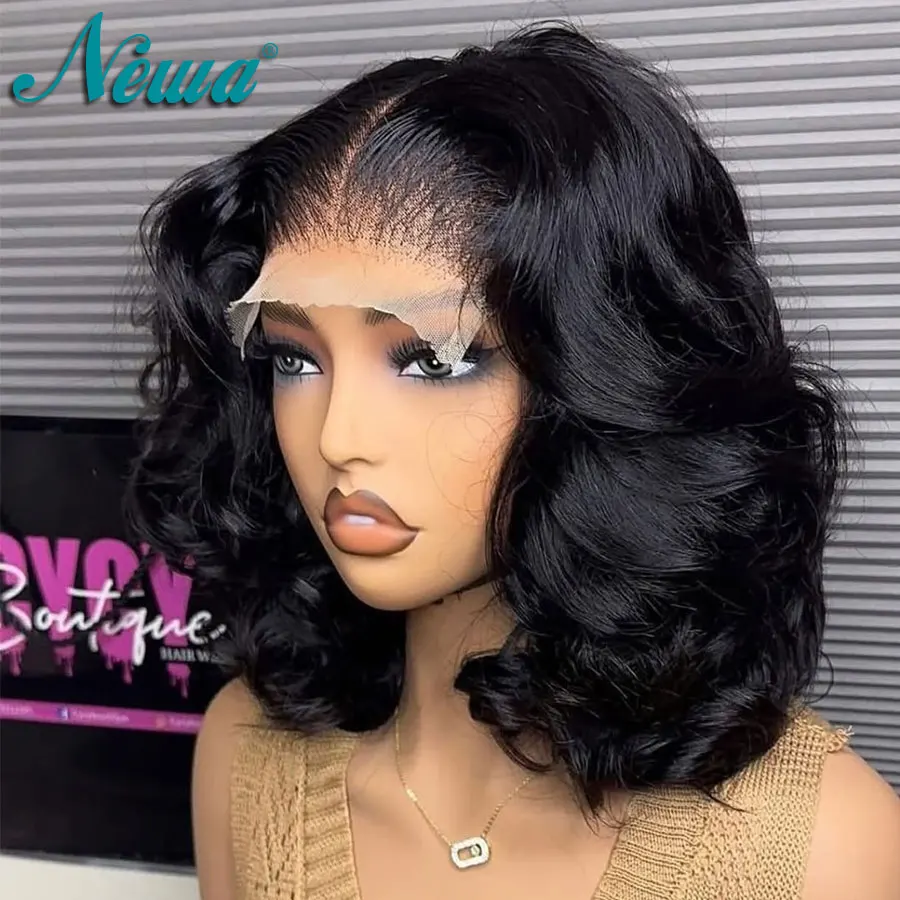 

Newa Hair 13x6 Прозрачные парики фронта шнурка Человеческие волосы Волнистые короткие парики Боб Предварительно выщипанные отбеленные узлы 13X6 Парики шнурка для женщин