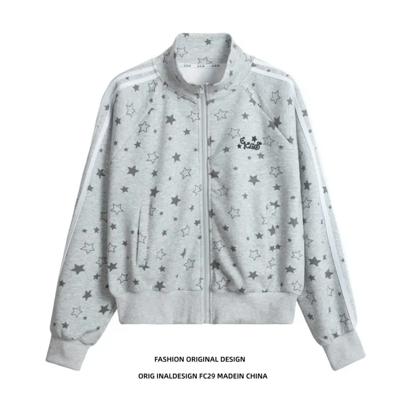 

Retro American Star Print Stand Collar Open Cardigan Loose Zipper Jaet ex Spring Autumn Warmth Daily Wear Sweatirt