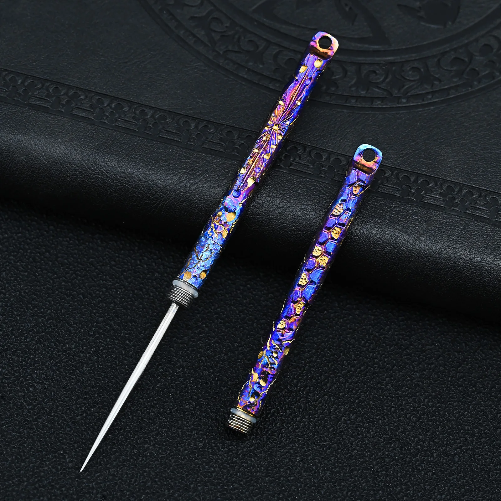 Hand Carved Portable Titanium Toothpicks Keychain with Metal Toothpick Holder for Outdoor Picnic Camping Accessory