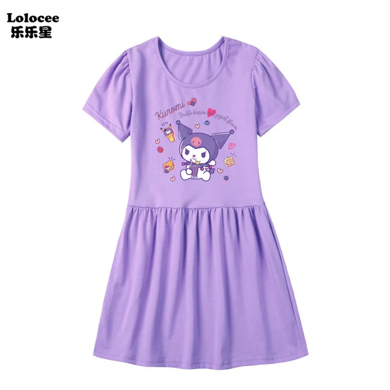 Sanrios Hello Kittys Dress My Melody Kuromi Girls Short Sleeve Dress Cartoon T-Shirt Fashion Princess Dress Summer Kids Clothes