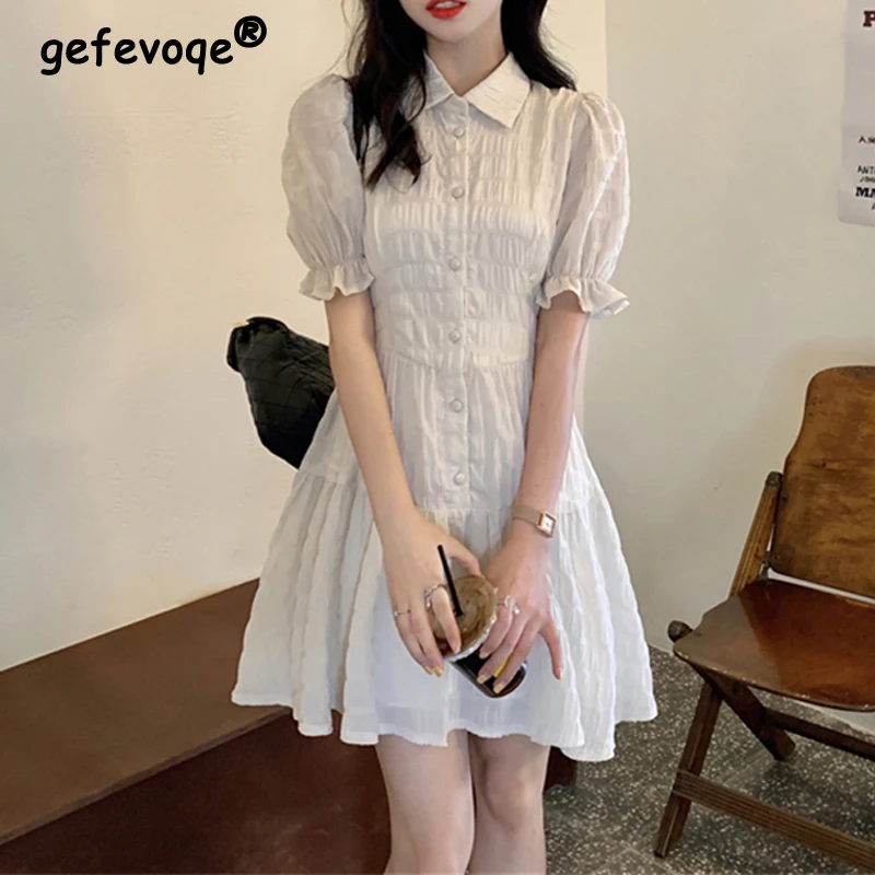 Women Vintage Fashion Elegant Ruffle Sweet Chic Button Shirt Dresses 2024 Summer Casual Short Sleeve Slim Solid Fairy Mini Dress