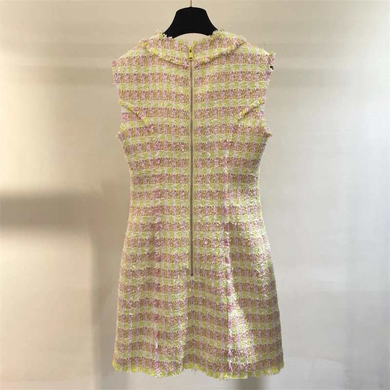 elegant party dresses woman New metal button decoration sleeveless mini dress for autumn 2024 Fashion plaid woven Short dresses