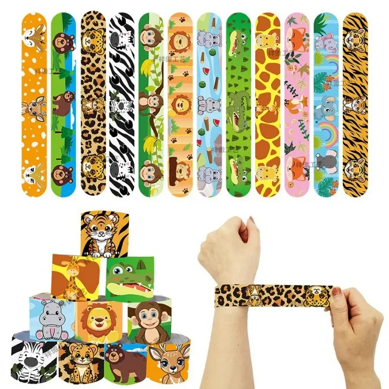 12pcs New Jungle Animal Series Slap Bracelet  Zebra Tiger Lion Hippopotamus Snap Bracelets for Boy and Girl Birthday Party Gift