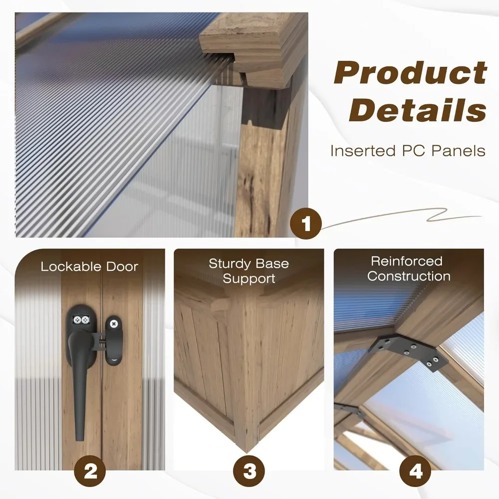잠금 문짝 및 조정 가능한 지붕 통풍구가 있는 온실, 야외 폴리카보네이트 목재 워크 인 온실, 6x8 FT