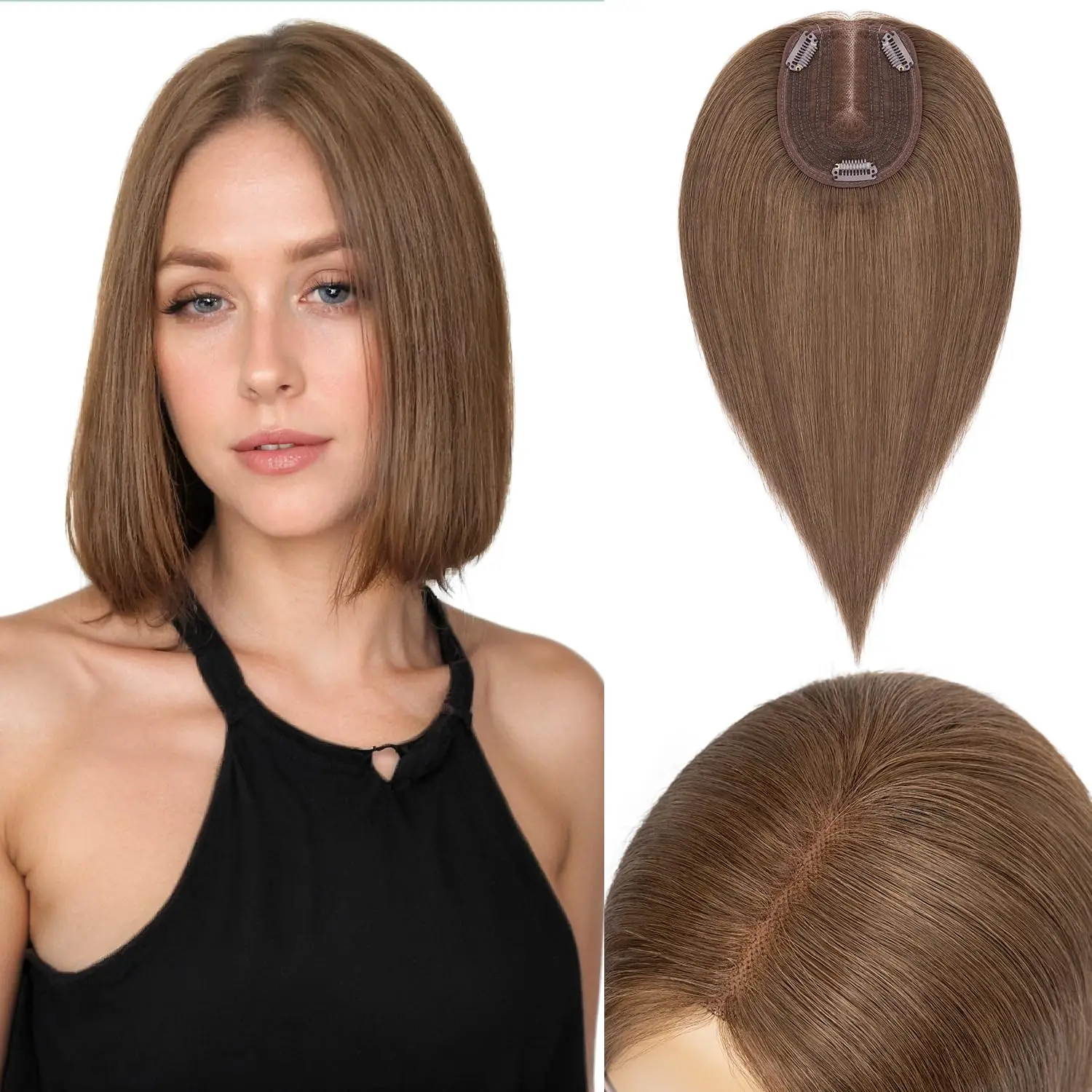 

5*5 Mono Base Toupee Virgin Hair Human Hair Clip In Women Wigs Silk Base Hairpiece 16Inch MONO Base #4 Clips In Hair Topper