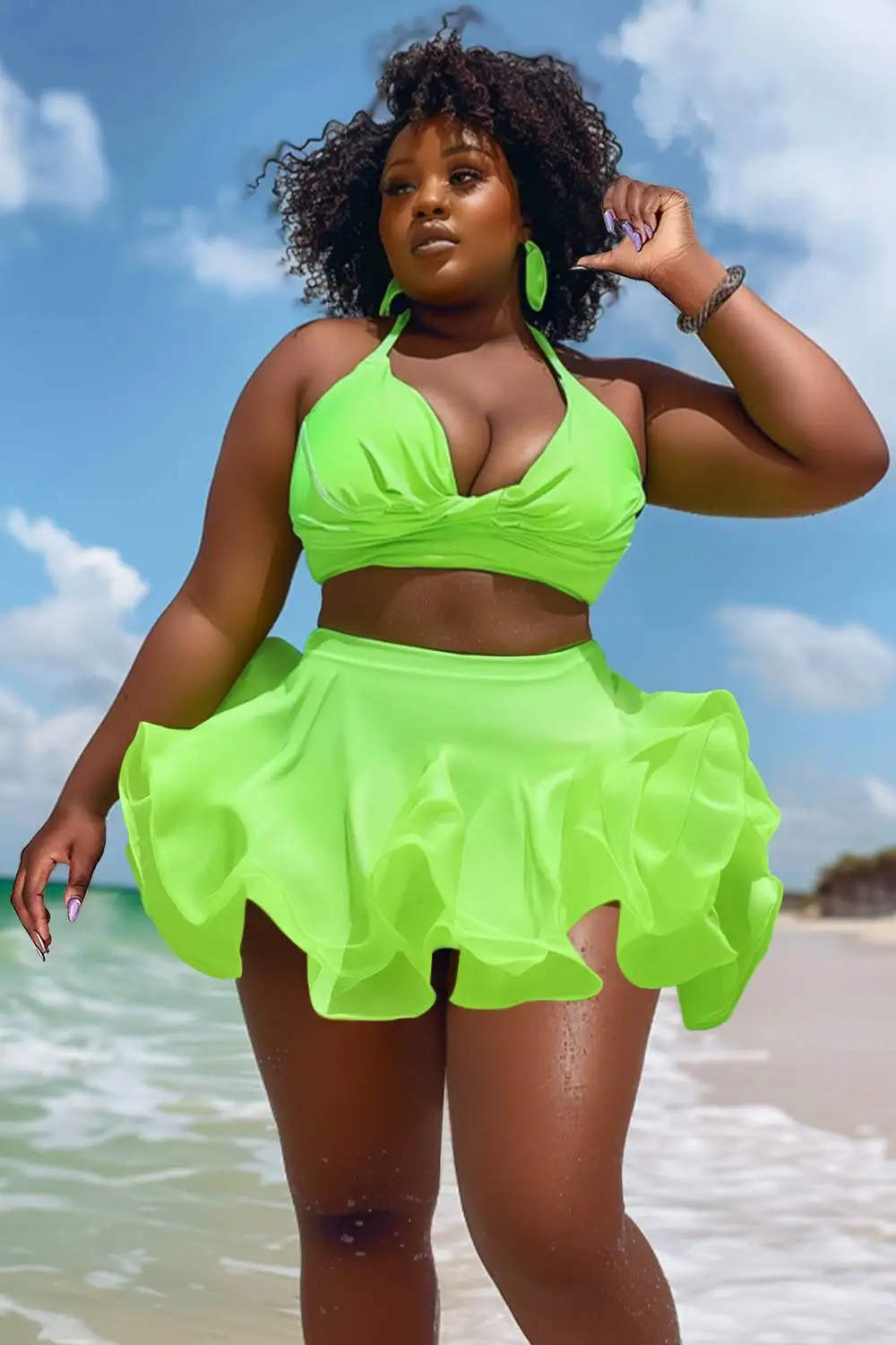 

Plus Size Beach Fluorescent Green Ruffle Swimsuit Fabric Two Pieces Swimsuit