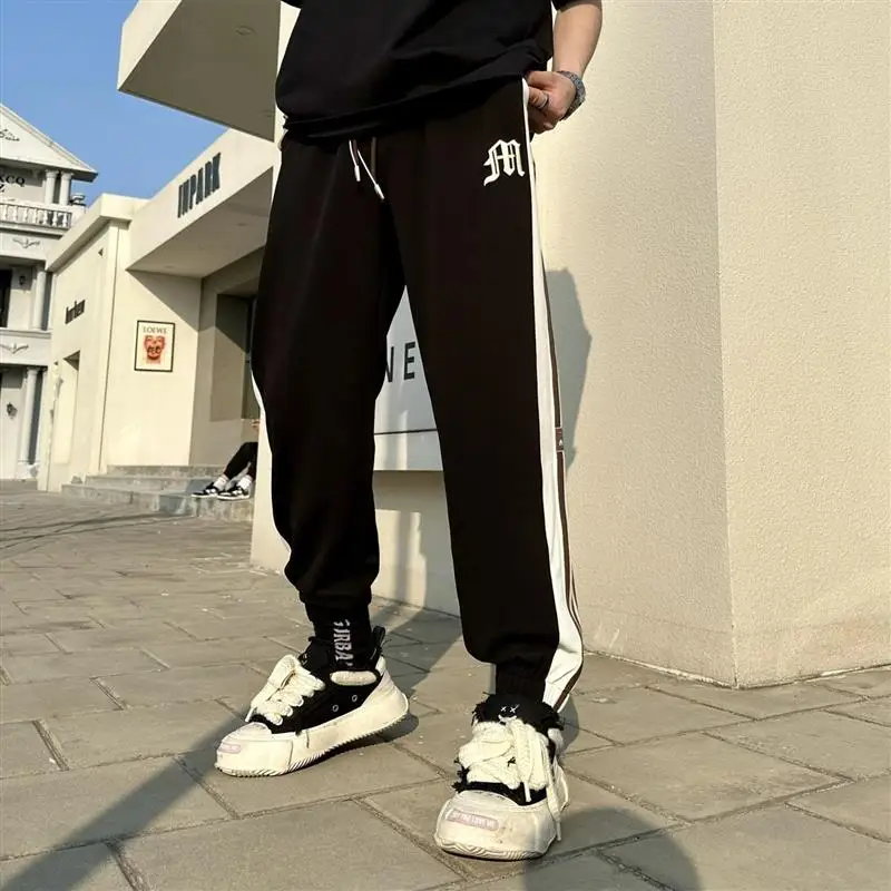 

Весенне-летние тонкие спортивные брюки с завязками, повседневные полосатые джоггеры, молодежные свободные длинные брюки