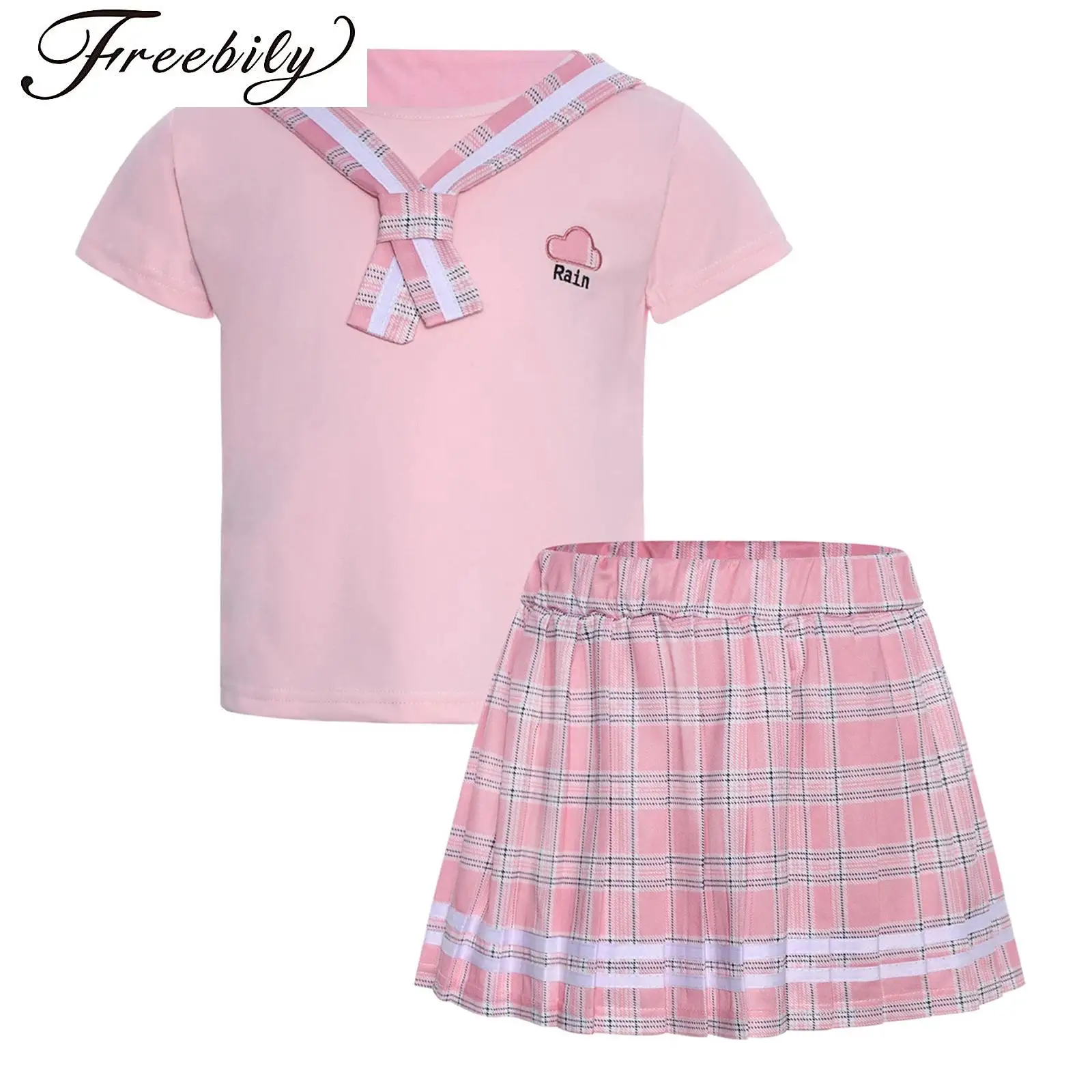 

Summer Girls School Uniform Sailor Collar Short Sleeve Top with Elastic Waistband Plaid Pleated Skirt Student 2-Piece Outfits